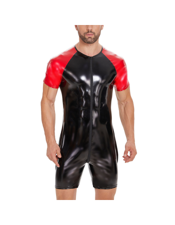 Zipper Men PVC Jumpsuit Short Sleeve Bright Leather Bodysuit Sexy Slim Fit Tight Black Onesie  SX0069