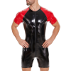 Zipper Men PVC Jumpsuit Short Sleeve Bright Leather Bodysuit Sexy Slim Fit Tight Black Onesie  SX0069