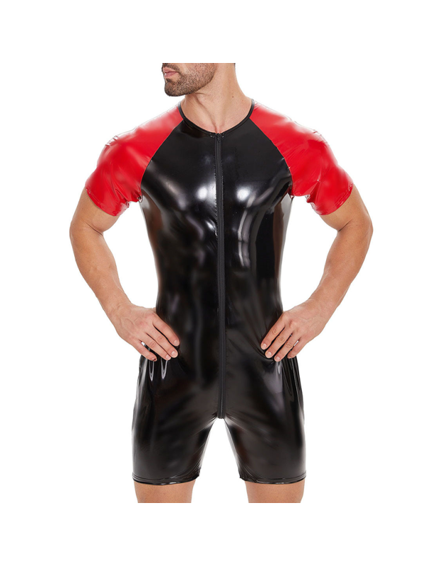 Zipper Men PVC Jumpsuit Short Sleeve Bright Leather Bodysuit Sexy Slim Fit Tight Black Onesie  SX0069