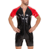 Zipper Men PVC Jumpsuit Short Sleeve Bright Leather Bodysuit Sexy Slim Fit Tight Black Onesie  SX0069