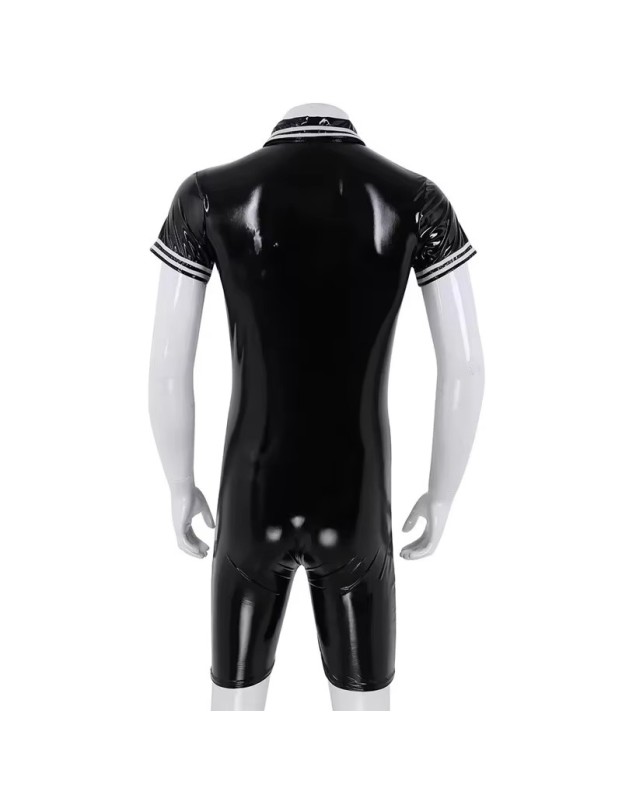Plus Size Bodysuit Short Sleeve Men's PVC Bright Sexy Shorts Zipper Open Leather Jumpsuit SX0112