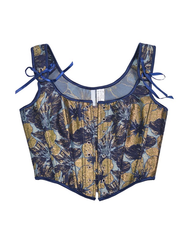 Blue Gold Flower Bustier Half Breast Leaf Print Vest Woman Vintage Chest Wrap Court Corset  SML388