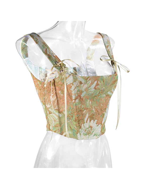 Plant Flowers Bustier Yarn-Dyed Jacquard Oil Painting Style Ink Chrysanthemum Vintage Corset  SML1101
