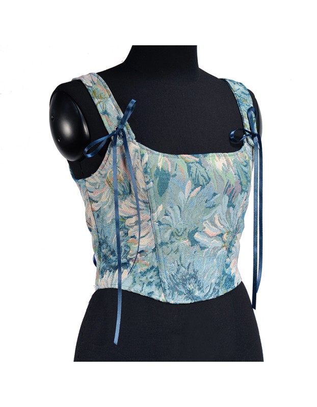Plant Flowers Bustier Yarn-Dyed Jacquard Oil Painting Style Ink Chrysanthemum Vintage Corset  SML1101