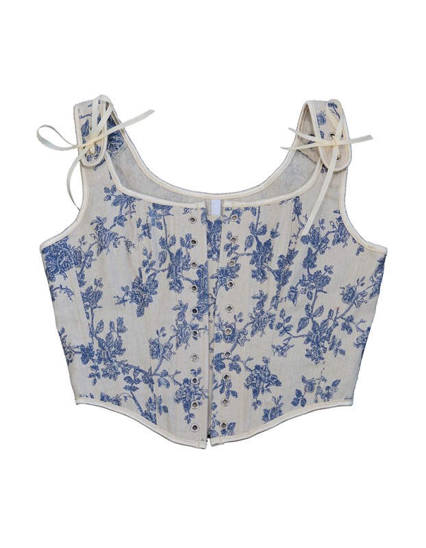 Lace-up Corset Vintage Large Orchid Print Bustier Crop Folded Waistcoat Blouse Corset SML21008