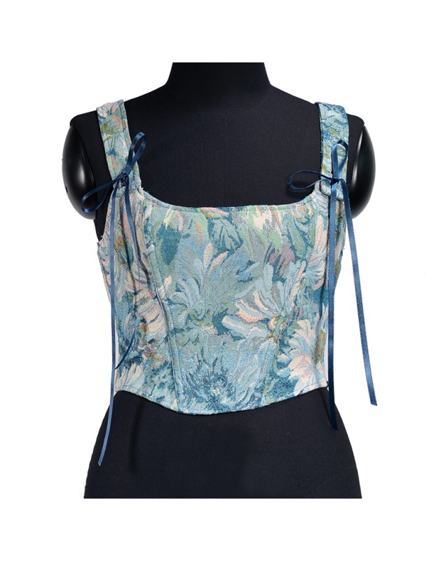 Plant Flowers Bustier Yarn-Dyed Jacquard Oil Painting Style Ink Chrysanthemum Vintage Corset  SML1101