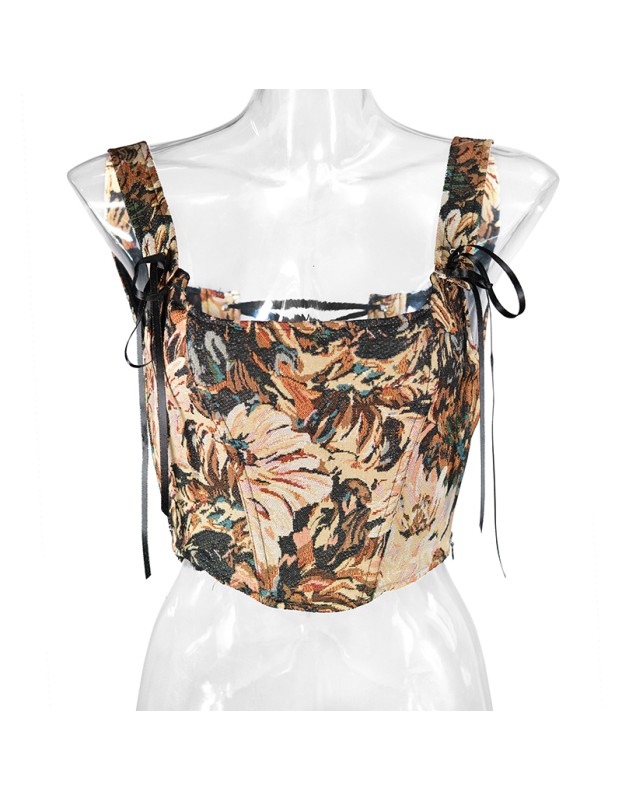 Plant Flowers Bustier Yarn-Dyed Jacquard Oil Painting Style Ink Chrysanthemum Vintage Corset  SML1101