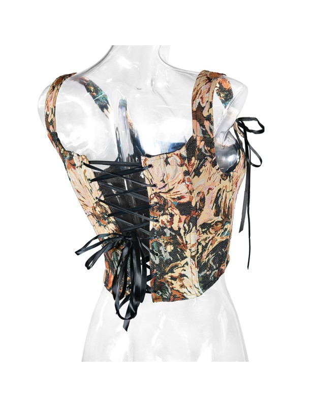 Plant Flowers Bustier Yarn-Dyed Jacquard Oil Painting Style Ink Chrysanthemum Vintage Corset  SML1101