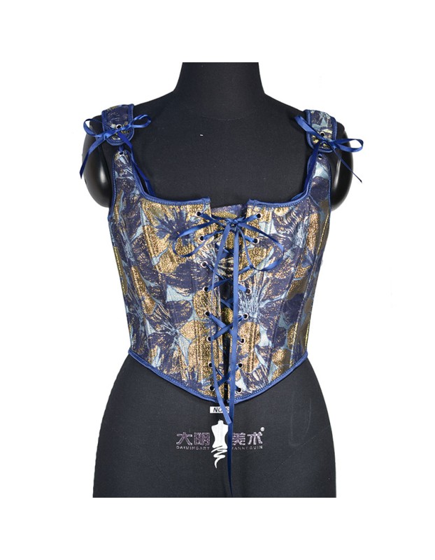 Blue Gold Flower Bustier Half Breast Leaf Print Vest Woman Vintage Chest Wrap Court Corset  SML388