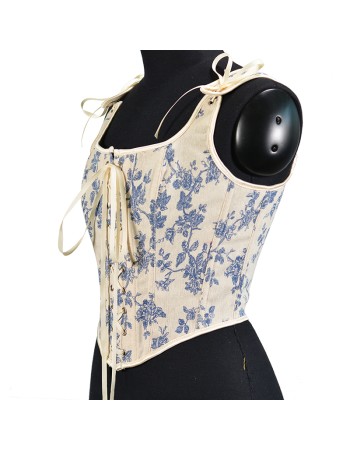 Lace-up Corset Vintage Large Orchid Print Bustier Crop Folded Waistcoat Blouse Corset SML21008