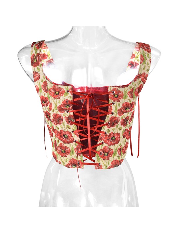 Plant Flowers Bustier Yarn-Dyed Jacquard Oil Painting Style Ink Chrysanthemum Vintage Corset  SML1101
