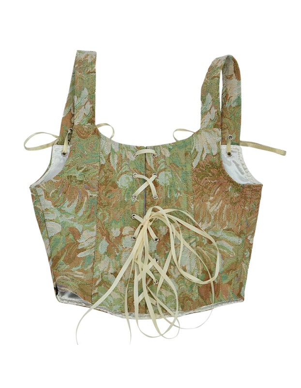 Plant Flowers Bustier Yarn-Dyed Jacquard Oil Painting Style Ink Chrysanthemum Vintage Corset  SML1101