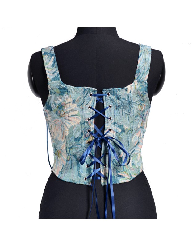 Plant Flowers Bustier Yarn-Dyed Jacquard Oil Painting Style Ink Chrysanthemum Vintage Corset  SML1101
