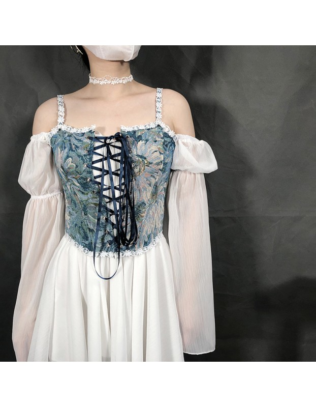 Vintage Bustier Oil Painting Jacquard Embroidery Halter Vest Fishbone Shapewear Lace Corset SML21738