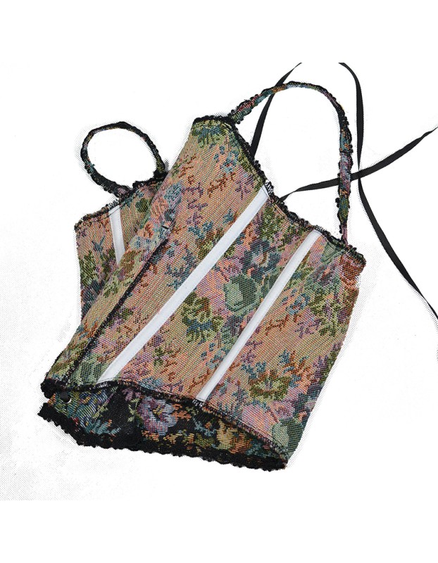 Vintage Bustier Oil Painting Jacquard Embroidery Halter Vest Fishbone Shapewear Lace Corset SML21738