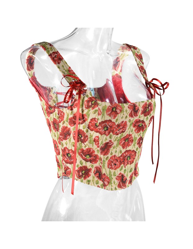 Plant Flowers Bustier Yarn-Dyed Jacquard Oil Painting Style Ink Chrysanthemum Vintage Corset  SML1101
