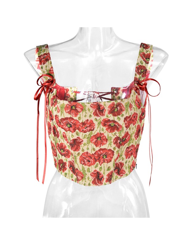 Plant Flowers Bustier Yarn-Dyed Jacquard Oil Painting Style Ink Chrysanthemum Vintage Corset  SML1101