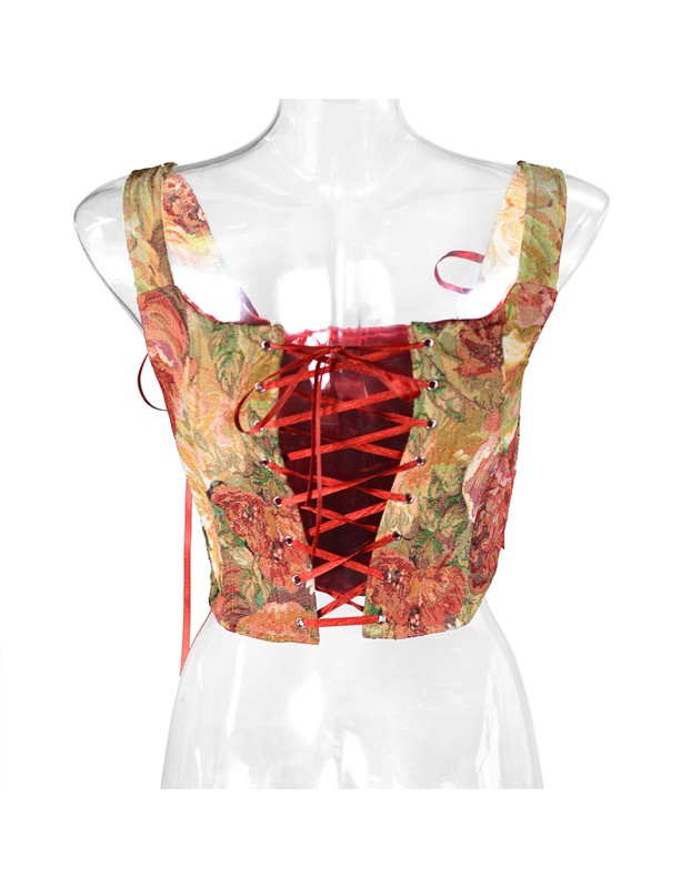 Double Vest Chest Top Butterfly Shoulder Strap Knot Ink Chrysanthemum Fishbone Corset SML1102