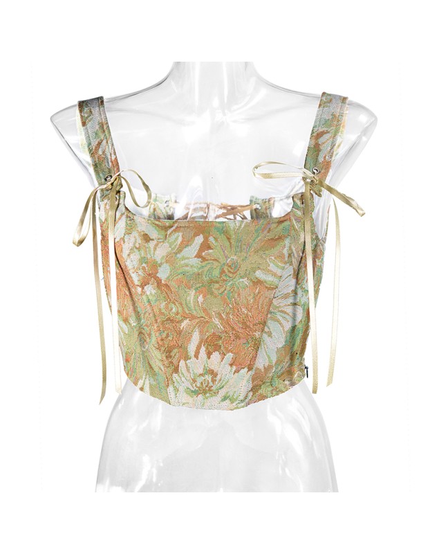 Plant Flowers Bustier Yarn-Dyed Jacquard Oil Painting Style Ink Chrysanthemum Vintage Corset  SML1101