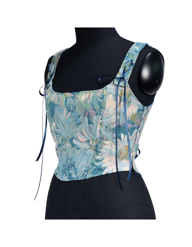 Plant Flowers Bustier Yarn-Dyed Jacquard Oil Painting Style Ink Chrysanthemum Vintage Corset  SML1101
