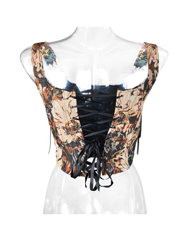 Plant Flowers Bustier Yarn-Dyed Jacquard Oil Painting Style Ink Chrysanthemum Vintage Corset  SML1101