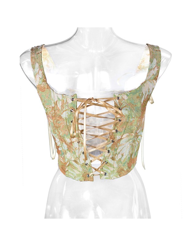 Plant Flowers Bustier Yarn-Dyed Jacquard Oil Painting Style Ink Chrysanthemum Vintage Corset  SML1101