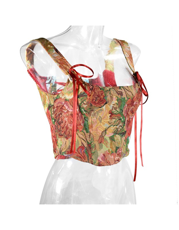Double Vest Chest Top Butterfly Shoulder Strap Knot Ink Chrysanthemum Fishbone Corset SML1102