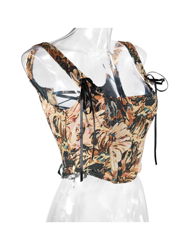 Plant Flowers Bustier Yarn-Dyed Jacquard Oil Painting Style Ink Chrysanthemum Vintage Corset  SML1101