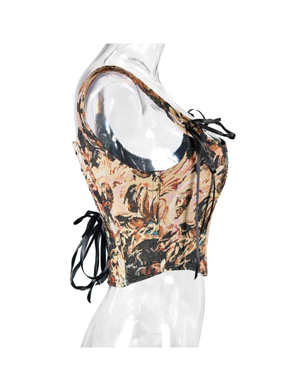 Plant Flowers Bustier Yarn-Dyed Jacquard Oil Painting Style Ink Chrysanthemum Vintage Corset  SML1101
