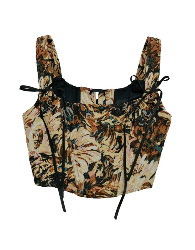 Plant Flowers Bustier Yarn-Dyed Jacquard Oil Painting Style Ink Chrysanthemum Vintage Corset  SML1101