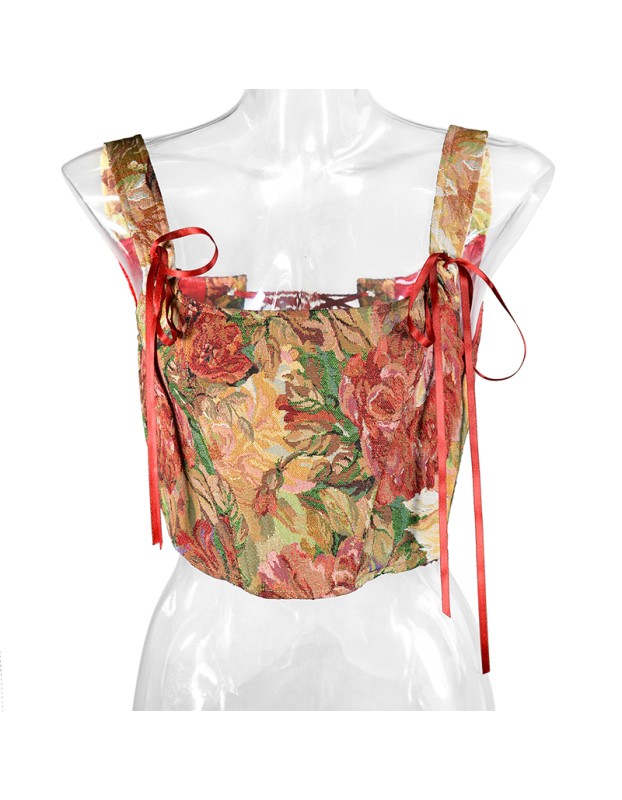 Double Vest Chest Top Butterfly Shoulder Strap Knot Ink Chrysanthemum Fishbone Corset SML1102
