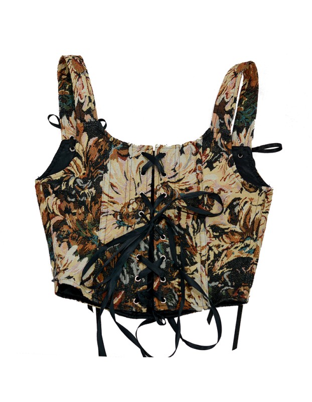 Plant Flowers Bustier Yarn-Dyed Jacquard Oil Painting Style Ink Chrysanthemum Vintage Corset  SML1101