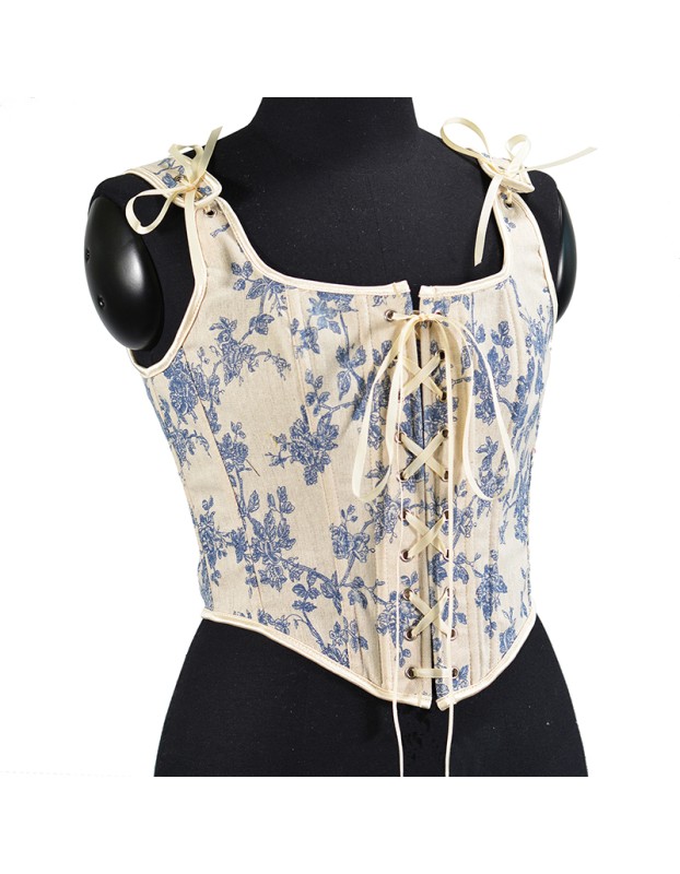 Lace-up Corset Vintage Large Orchid Print Bustier Crop Folded Waistcoat Blouse Corset SML21008