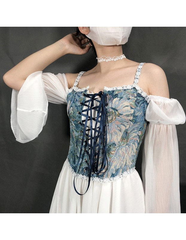 Vintage Bustier Oil Painting Jacquard Embroidery Halter Vest Fishbone Shapewear Lace Corset SML21738