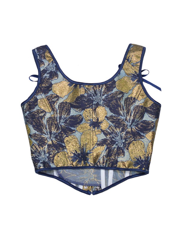 Blue Gold Flower Bustier Half Breast Leaf Print Vest Woman Vintage Chest Wrap Court Corset  SML388