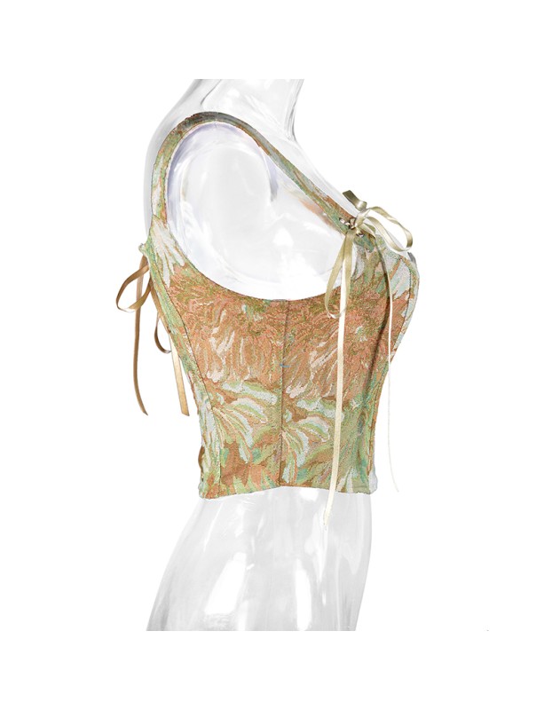 Plant Flowers Bustier Yarn-Dyed Jacquard Oil Painting Style Ink Chrysanthemum Vintage Corset  SML1101