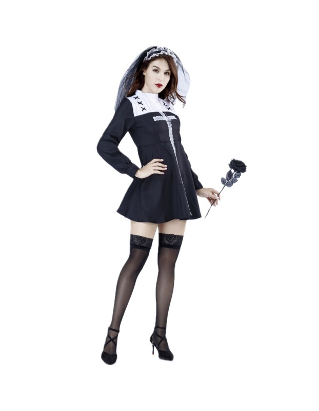 Black Halloween Cosplay Cross Repair Costume Ghost Drama Women Missionary Stage Nun Costume DL2011 DL2012