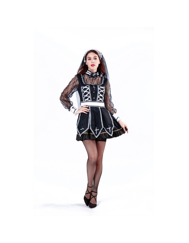 Black Halloween Cosplay Cross Repair Costume Ghost Drama Women Missionary Stage Nun Costume DL2011 DL2012