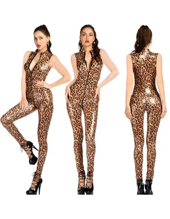 Sexy PU Leopard Print Bodysuit Fully Covered Glossy Patent  Leather Jumpsuit Nightclub Tights XX6800
