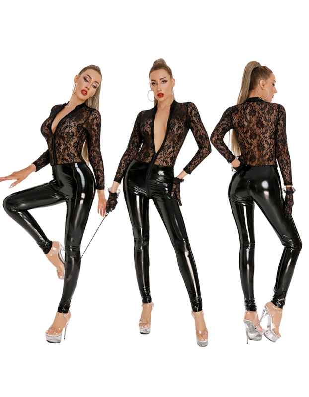 Sexy Body Tight Mirror PVC Zipper Crotch One Piece PU Jumpsuit Patent Leather Bright Bodysuit XX6870