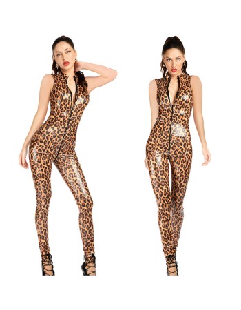Sexy PU Leopard Print Bodysuit Fully Covered Glossy Patent  Leather Jumpsuit Nightclub Tights XX6800