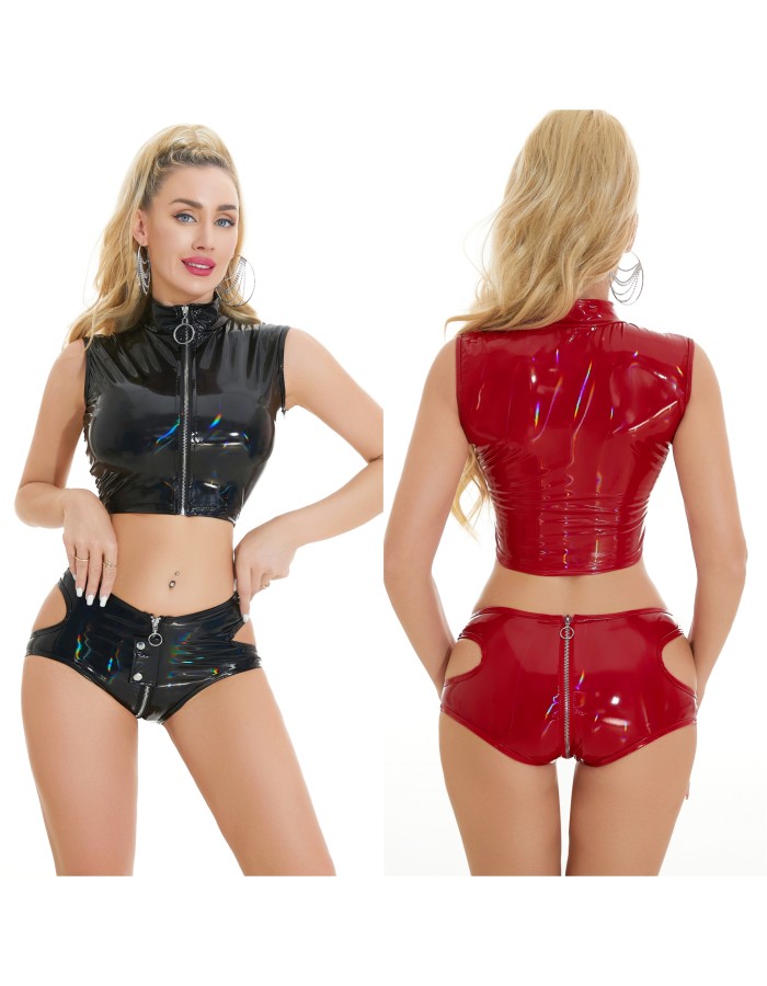 Bright Leather Short Pants PU Bright Shiny Colorful Patent Leather Top Nightclubs Sleeveless Tights XX6930