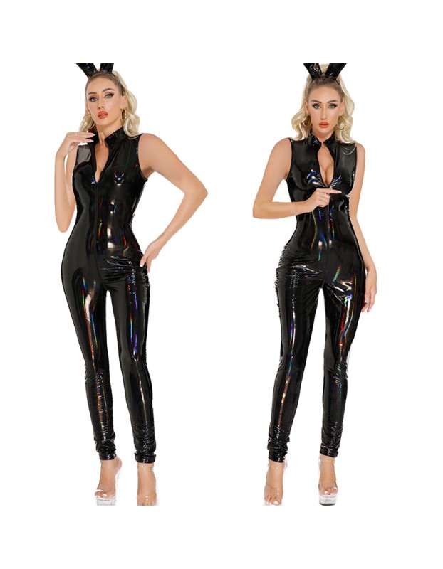 Women Bright Patent Leather Sexy Lingerie Zipper Crotch Nightclub One Piece Jumpsuit XX6945