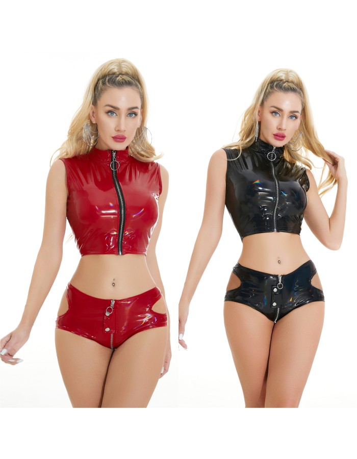 Bright Leather Short Pants PU Bright Shiny Colorful Patent Leather Top Nightclubs Sleeveless Tights XX6930