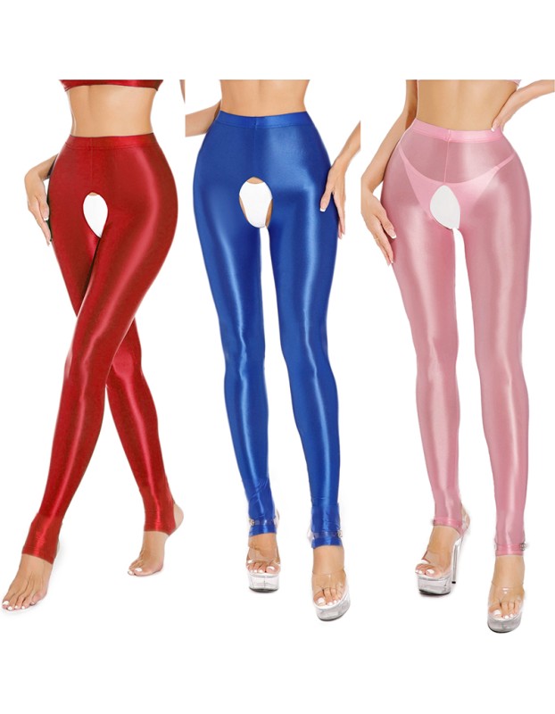 Sexy Pants Silky Oil Shiny Gloss Large Size Open Free Pantyhose Women Leather Pants XX70830