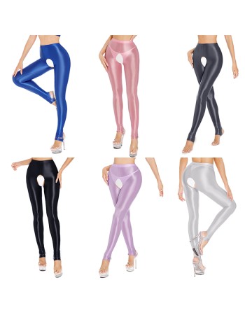 Sexy Pants Silky Oil Shiny Gloss Large Size Open Free Pantyhose Women Leather Pants XX70830
