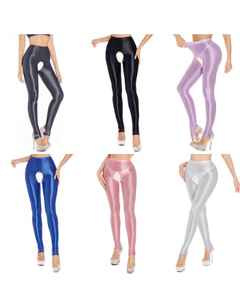 Sexy Pants Silky Oil Shiny Gloss Large Size Open Free Pantyhose Women Leather Pants XX70830