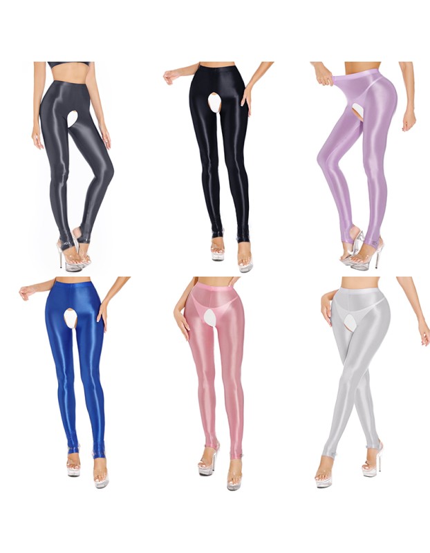 Sexy Pants Silky Oil Shiny Gloss Large Size Open Free Pantyhose Women Leather Pants XX70830