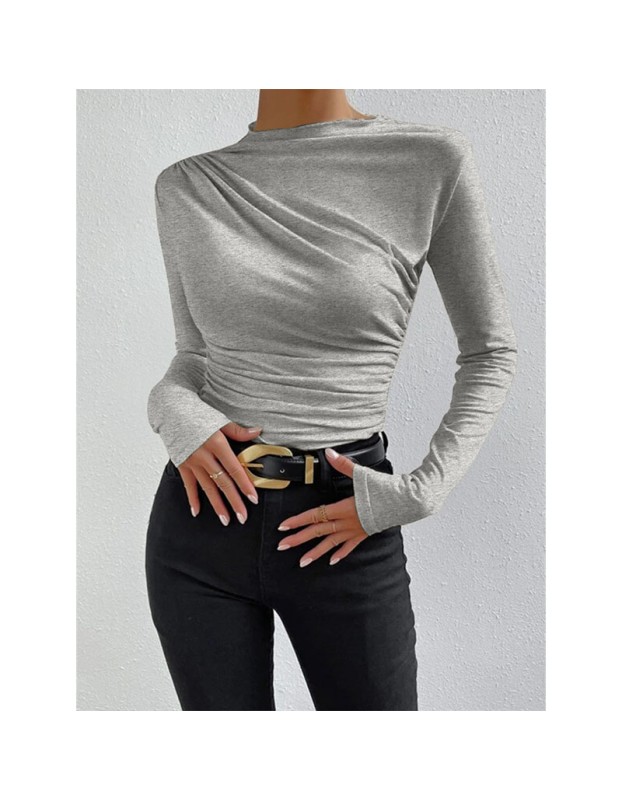 Solid Color Long Sleeve T-shirt Slim Bottoming Femme Joker Pleated Design T-shirt Top ZY1007