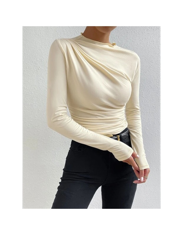Solid Color Long Sleeve T-shirt Slim Bottoming Femme Joker Pleated Design T-shirt Top ZY1007